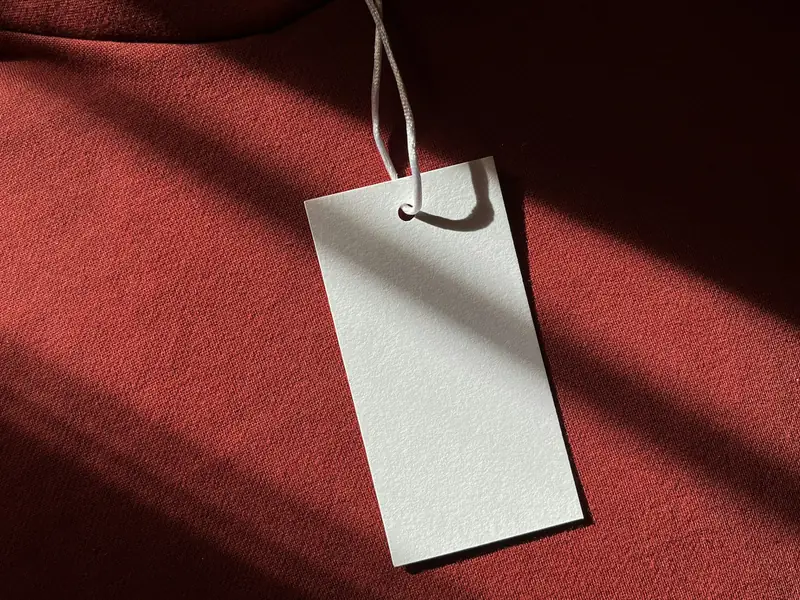 Cartellino bianco appeso a un capo in tessuto rosso